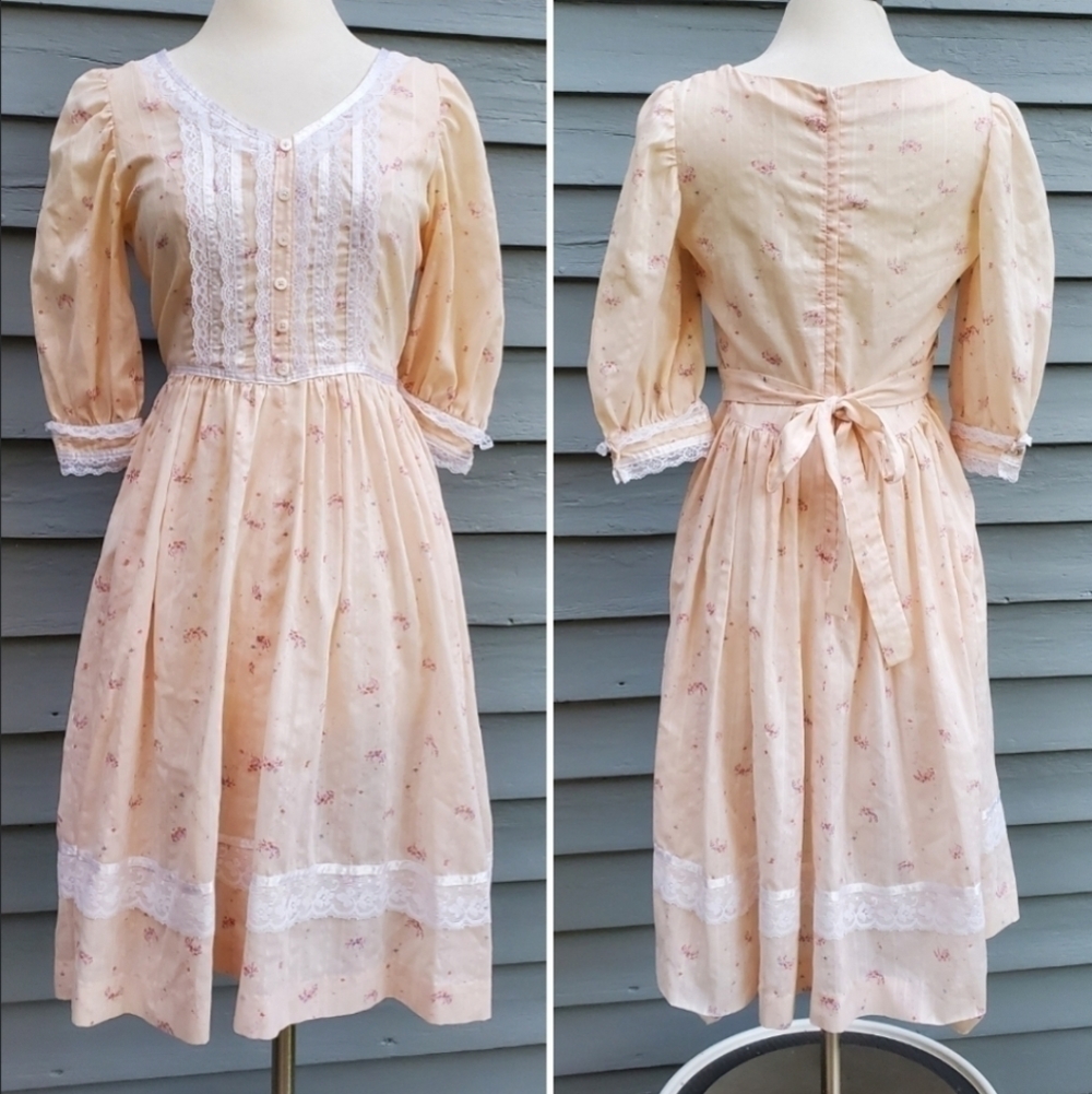 Vintage 70s Handmade Cottagecore Prairie Peach Pink Floral‎ Lace Midi Dress Sm - Picture 8 of 8